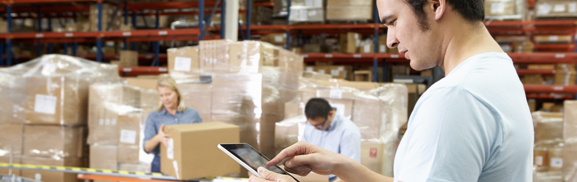 Man checks order on computer in warehouse.