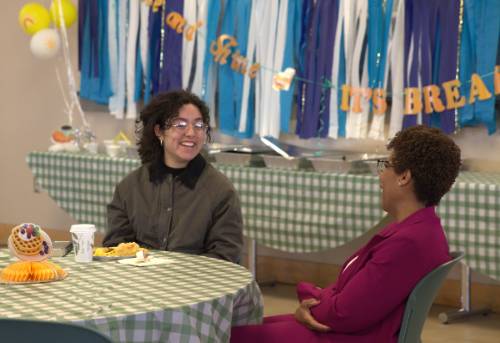 Damari Ornelas shares a light hearted moment during a student-centered event with Nashville State President Shanna Jackson.