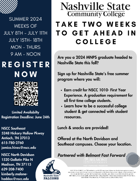 A free, two-week Fast Forward course will be offered at Nashville State’s North Davidson and Southeast campuses the weeks of July 8 and July 15 from 9 a.m.- noon. Course instruction will be from 9 -11 a.m., followed by a lunch and learn from 11 a.m.- noon.