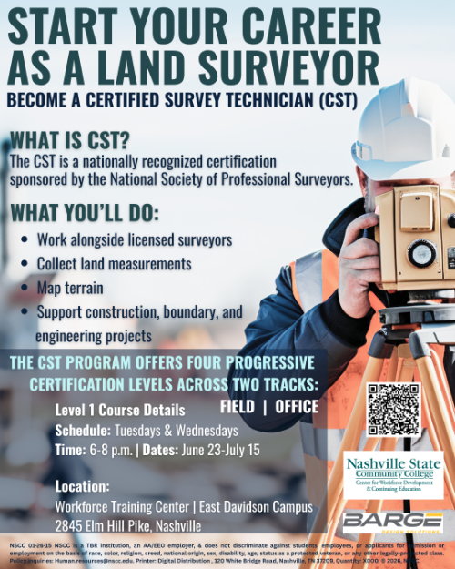 Nashville State Community College’s Center for Workforce Development and Continuing Education, in partnership with Barge Design Solutions, has developed a framework for and is offering an entry-level Certified Survey Technician (CST) course designed to help learners grow in the construction industry.