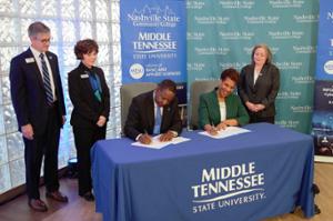 Leaders from Middle Tennessee State University and Nashville State Community College signed two agreements Tuesday, Jan. 28, that create seamless pathways in cybersecurity management and aerospace for associate degree graduates from the college to pursue a Bachelor of Science at the university.