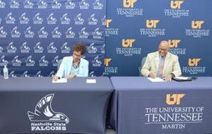 Nashville State Community College President Shanna L. Jackson and University of Tennessee at Martin Chancellor Yancy Freeman sign a 1+3 partnership agreement between the two institutions during an event at the college's Humphreys County campus. 