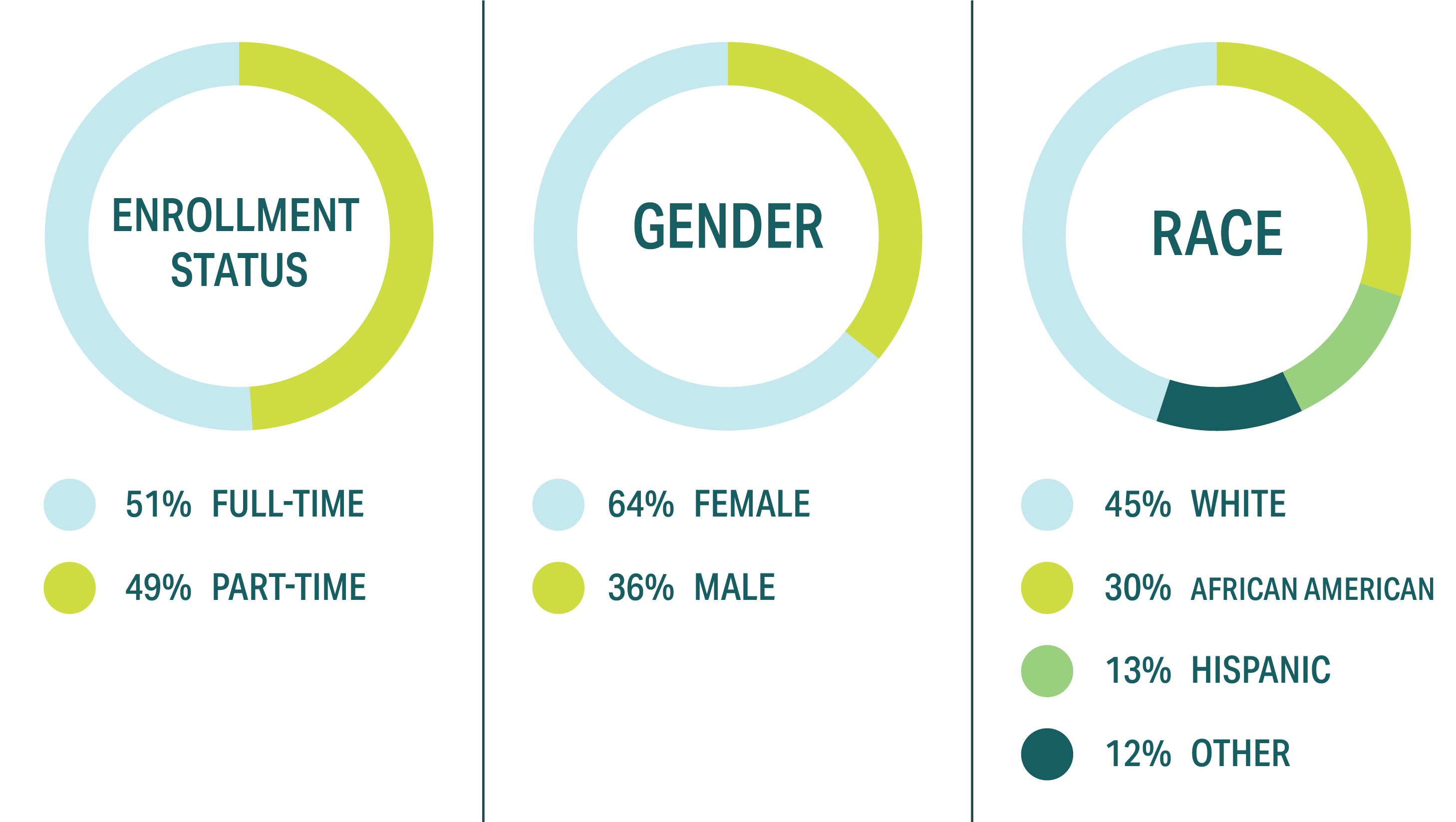 51% part-time, 49% full-time, 63% female, 37% male, 51% white, 29% black, 13% hispanic, 7% other